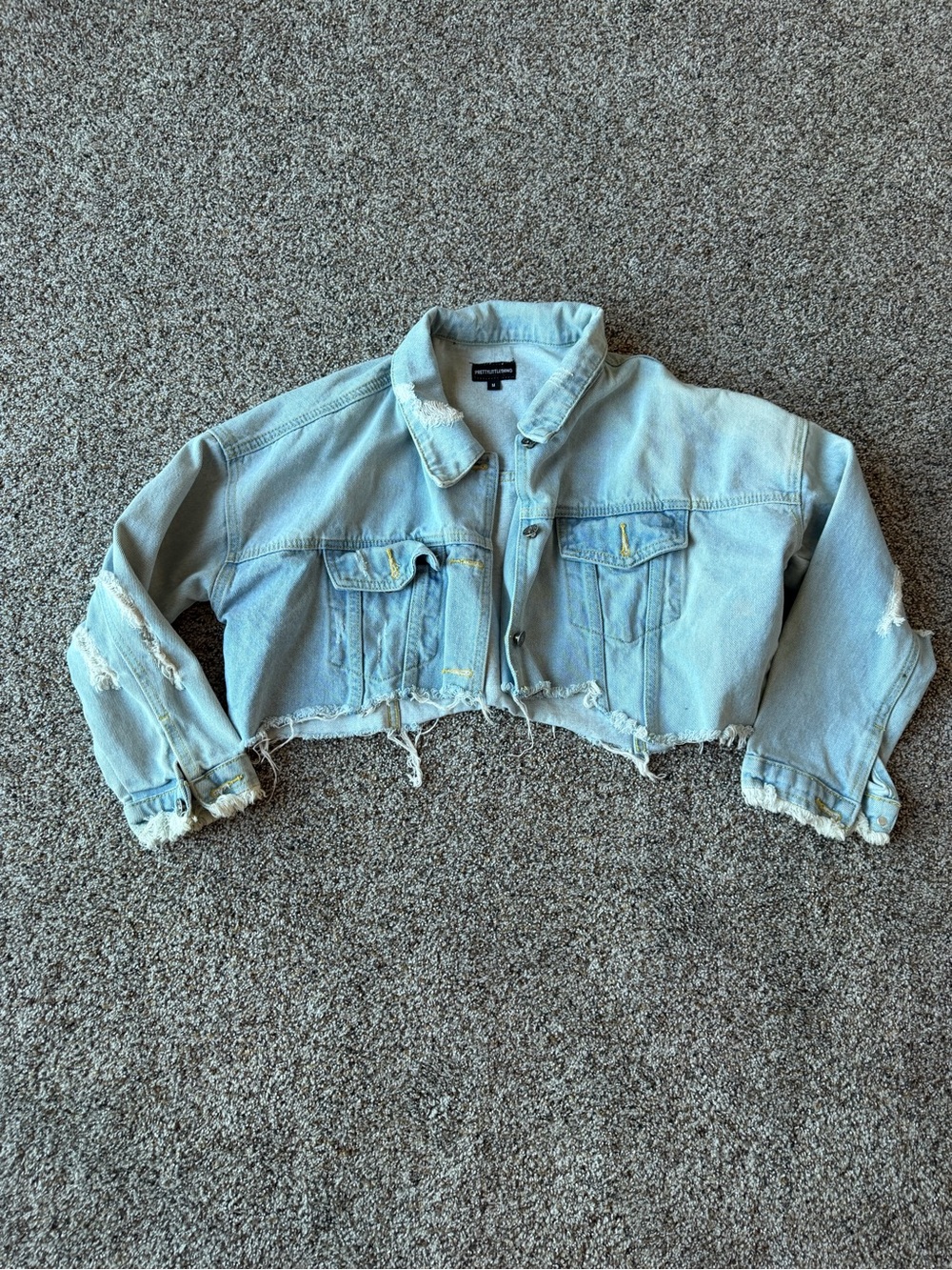 PrettyLittleThing Cropped Distressed Denim Jacket Light Wash Raw Hem Medium